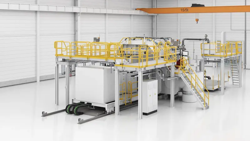Perspective view of a VON ARDENNE roll-to-roll vacuum coating line for flexible substrates.